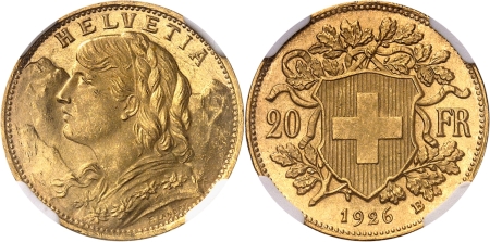Suisse. Confédération helvétique (1848 à nos jours) 20 francs or - 1926 B Berne.