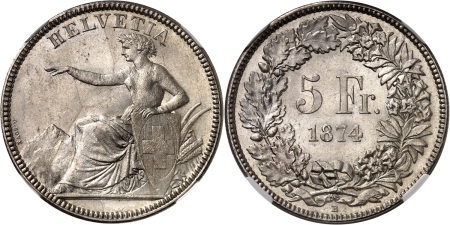Suisse. Confédération helvétique (1848 à nos jours) 5 francs - 1874 B Berne.