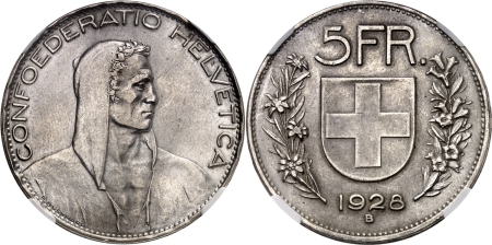 Suisse. Confédération helvétique (1848 à nos jours) 5 francs - 1928 B Berne.