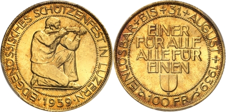 Suisse. Confédération helvétique (1848 à nos jours) 100 francs or - 1939 B Berne.