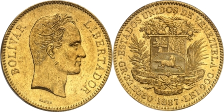 Venezuela. République (1823 à nos jours) 100 bolivares or - 1887 Caracas.