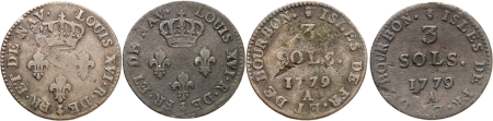 Maurice et Réunion - Iles de France et Bourbon Louis XVI (1774-1792). Deux exemplaires du 3 sols - 1779 A Paris.