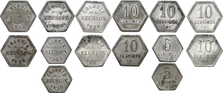Réunion. Chambre de Commerce de Saint-Denis. Cinq exemplaires du 10 centimes et deux exemplaires du 5 centimes - 1920.