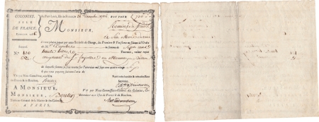 Isle de France (Maurice). Traite officielle de 730 livres Port-Louis 26 décembre 1786.