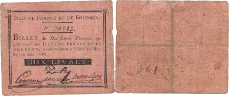 Isles de France et Bourbon (Maurice et Réunion) 10 livres tournois - 10 Juin 1788.
