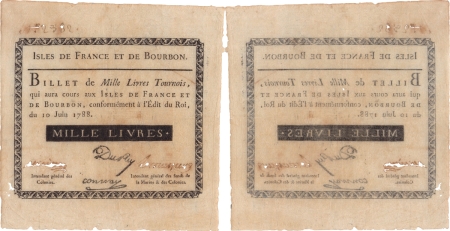 Isles de France et Bourbon (Maurice et Réunion). 1.000 livres tournois - 10 Juin 1788.