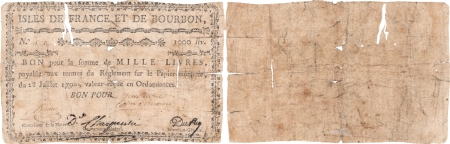 Isles de France et Bourbon (Maurice et Réunion). 1.000 livres type Charpentier - Emission du 3 février 1792. 