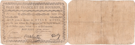 Isles de France et Bourbon (Maurice et Réunion) . 1.000 livres type Malartic - 1792 / 1793.