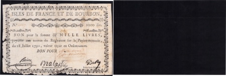 Isles de France et Bourbon (Maurice et Réunion). 1.000 livres type Malartic - 1792 / 1793.