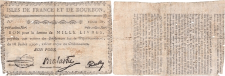 Isles de France et Bourbon (Maurice et Réunion). 1.000 livres type Malartic - 1792 / 1793.