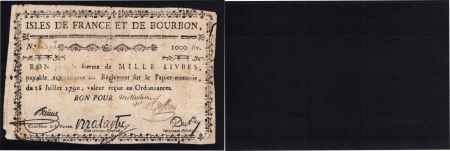 Isles de France et Bourbon (Maurice et Réunion). 1.000 livres type Malartic - 1792 / 1793.
