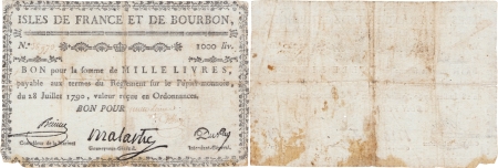 Isles de France et Bourbon (Maurice et Réunion). 1.000 livres type Malartic - 1792 / 1793.