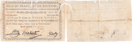 Isles de France et Bourbon (Maurice et Réunion). 1.000 livres type Malartic - 1792 / 1793.