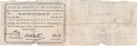 Isles de France et Bourbon (Maurice et Réunion). 1.000 livres type Malartic - 1792 / 1793.
