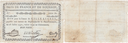 Isles de France et Bourbon (Maurice et Réunion). 1.000 livres type Malartic - 1792 / 1793.