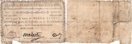 Isles de France et Bourbon (Maurice et Réunion). 1.000 livres type Malartic - 1792 / 1793.