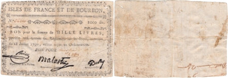 Isles de France et Bourbon (Maurice et Réunion). 1.000 livres type Malartic - 1792 / 1793.