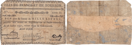 Isles de France et Bourbon (Maurice et Réunion). 1.000 livres type Malartic - 1792 / 1793.