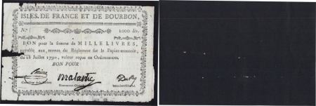 Isles de France et Bourbon (Maurice et Réunion). 1.000 livres type Malartic - 1792 / 1793.