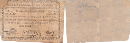 Isles de France et Bourbon (Maurice et Réunion). 1.000 livres type Malartic - 1792 / 1793.