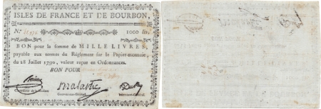 Isles de France et Bourbon (Maurice et Réunion). 1.000 livres type Malartic - 1792 / 1793.