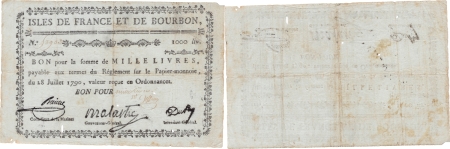 Isles de France et Bourbon (Maurice et Réunion). 1.000 livres type Malartic - 1792 / 1793.