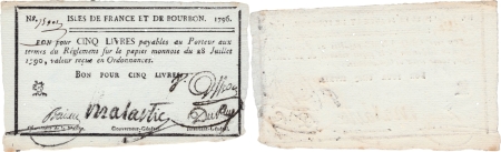 Isles de France et Bourbon (Maurice et Réunion). 5 livres type tête à droite - 1796.
