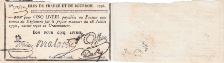 Isles de France et Bourbon (Maurice et Réunion). 5 livres type tête à gauche - 1796.
