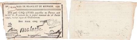 Isles de France et Bourbon (Maurice et Réunion). 5 livres type tête à gauche - 1796.