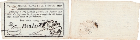 Isles de France et Bourbon (Maurice et Réunion). 5 livres type tête à gauche - 1796.