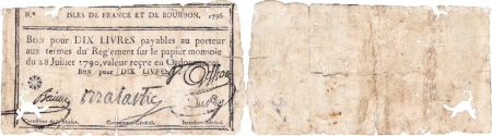 Isles de France et Bourbon (Maurice et Réunion) 10 livres type à la fleur - 1796. 