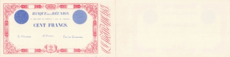 Réunion. Epreuve uniface du recto, sans filigrane, du 100 francs rouge avec texte bleu - Non daté.