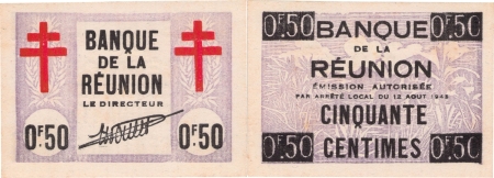 Réunion - France Libre. 50 centimes « Croix de Lorraine » - (1943).