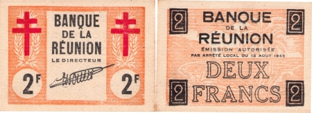 Réunion - France Libre. 2 francs « Croix de Lorraine » - (1943).