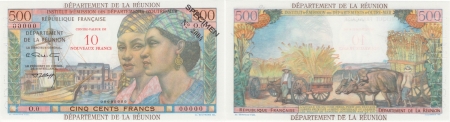 Réunion - I.E.D.O.M. Spécimen filigrané du 10 NF sur 500 francs « Pointe à Pitre » - (1971).