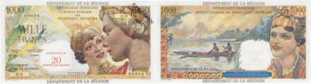 Réunion - I.E.D.O.M. Spécimen filigrané du 20 NF sur 1000 francs « Union Française » - (1971).
