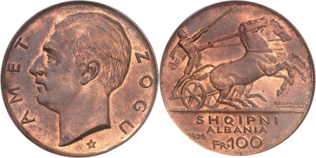 Ahmed Zogu (1925-1939)  - Epreuve en cuivre du 100 francs or une étoile - 1926 R Rome