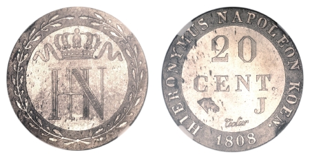 Westphalie - Epreuve en billon sur flan bruni du 20 centimes - 1808 J Paris