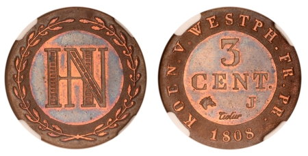 Westphalie - Epreuve en cuivre sur flan bruni du 3 centimes - 1808 J Paris - Tranche lisse.