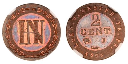 Westphalie - Epreuve en cuivre sur flan bruni du 2 centimes - 1808 J Paris - Tranche lisse.