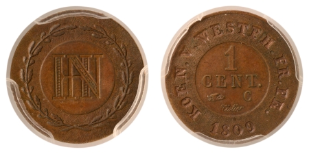 Westphalie - Epreuve en cuivre sur flan bruni du 1 centime - 1809 C Paris - Tranche lisse.