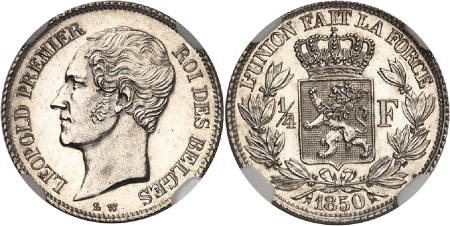 Léopold Ier (1831-1865) - Epreuve en argent sur flan bruni du 1/4 franc - 1850