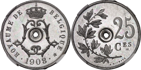 Léopold II (1865-1909)  - Epreuve en aluminium sur flan bruni de la 25 centimes "français" - 1908