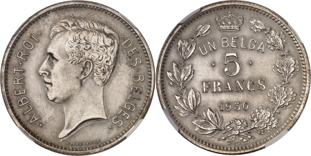 Albert Ier (1909-1934) - Essai sur flan bruni mat en argent du 5 francs / 1 belga - français - 1930