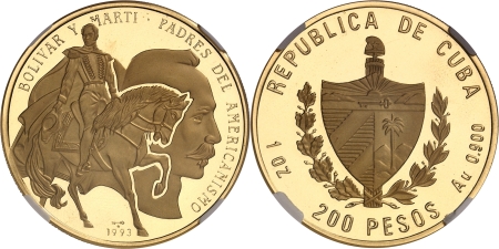 République de (1962 à nos jours) - Epreuve sur flan bruni du 200 pesos or (S.Bolivar et J. Marti) - 1993