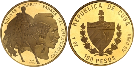 République de (1962 à nos jours) - Epreuve sur flan bruni du 100 pesos or (S.Bolivar et J. Marti) - 1993