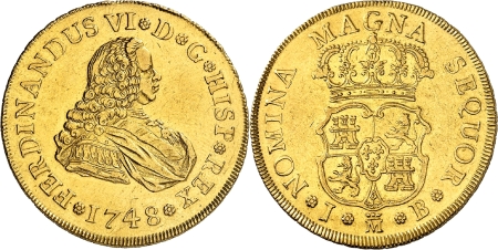 759) - 4 escudos or - 1748 JB Madrid - Très rare.