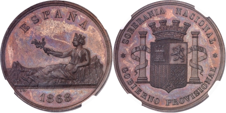 Gouvernement Provisoire (1868-1871) - Epreuve en bronze du 5 pesetas (module) - 1868
