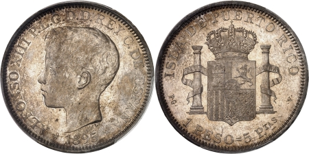 Porto rico - Alphonse XIII (1886-1931) - 5 pesetas ou peso - 1895 PG V Porto Rico