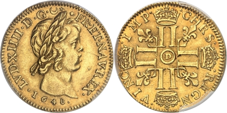 Louis XIV (1643-1715) - Double louis à la mèche courte - 1648 D Lyon